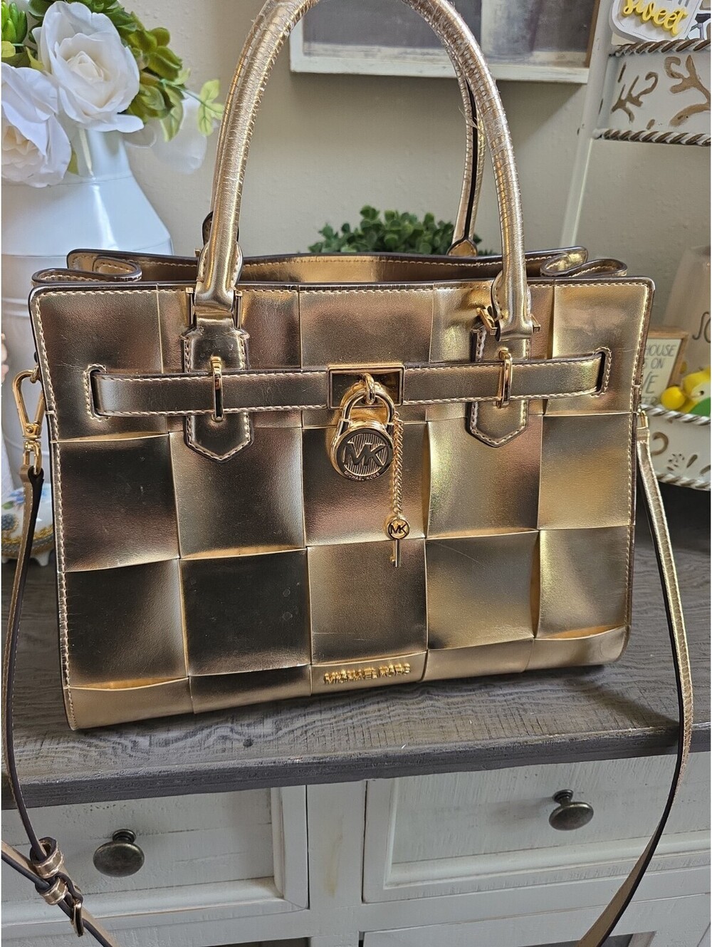 Michael Kors Gold Metallic Textile  Handbag Purse Shoulder Bag MK Logo